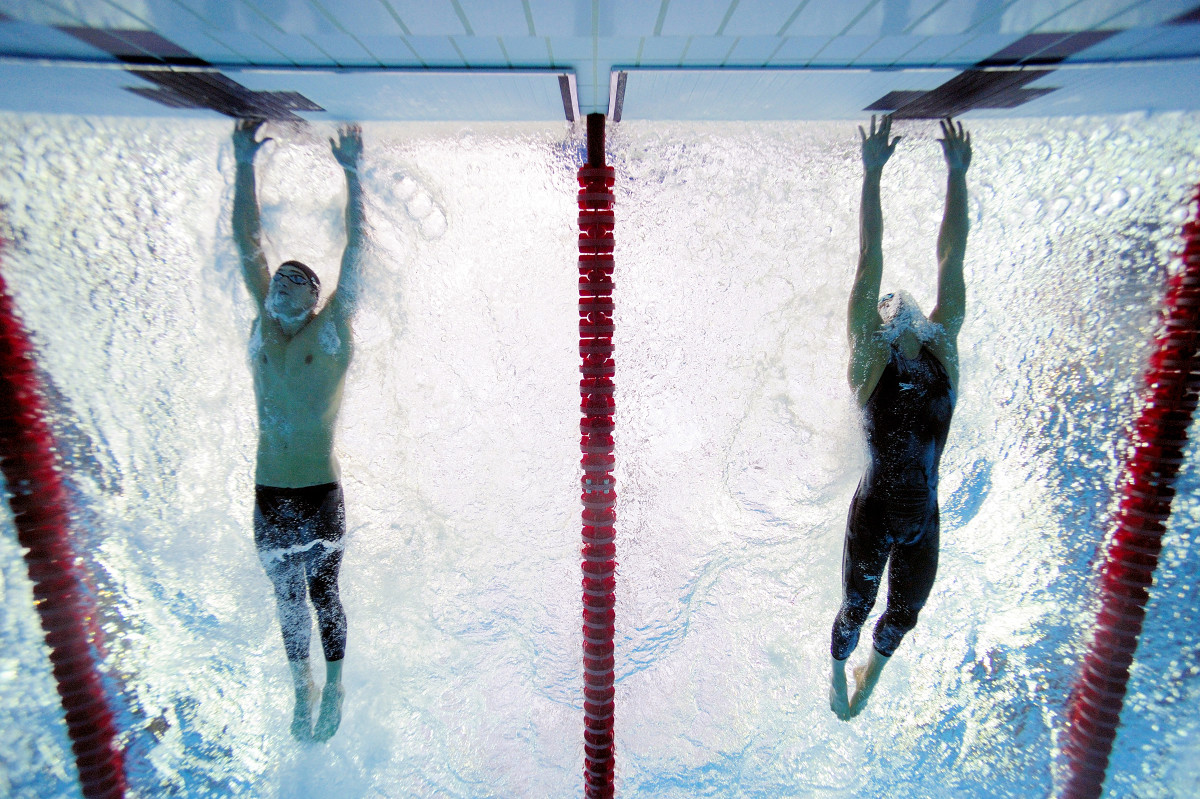 The iconic underwater photo of Michael Phelps and Milorad Cavic of Serbia in the 100 meter race as the 2008 Beijing Olympics. Phelps won by .01 seconds.